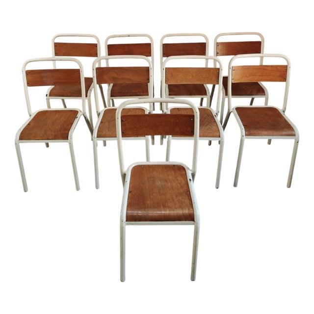 Vintage French Stackable School Chairs in Beech Plywood, 1970s, Set of 9 For Sale