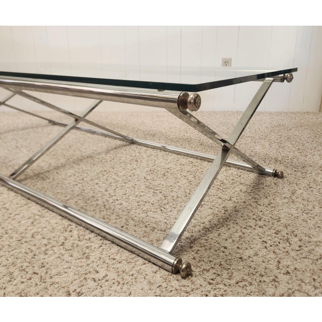 Triple X Base Chrome Glass Cocktail Table 1970s Mod For Sale - Image 4 of 12
