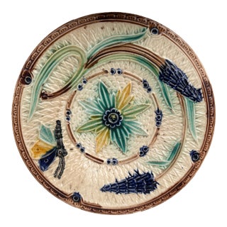 Majolica Flowers & Butterfly Plate Wasmuel Circa 1890 For Sale