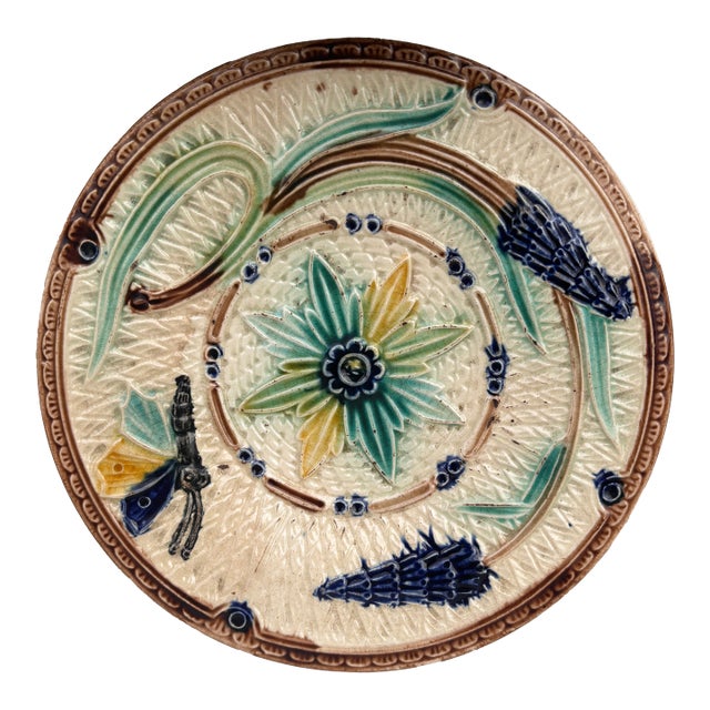 Majolica Flowers & Butterfly Plate Wasmuel Circa 1890 For Sale
