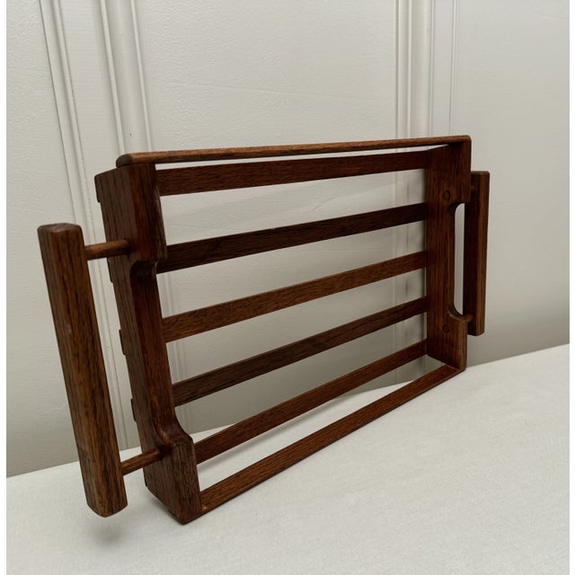 Mid Century Modern Open Slat Solid Oak Wood Double Handled Tray For Sale - Image 4 of 12