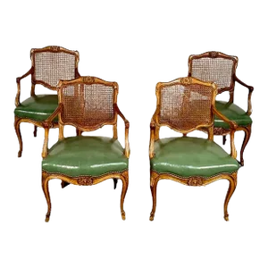 Four French Louis XV Style Fauteuils / Office Chairs, Cane and Leather