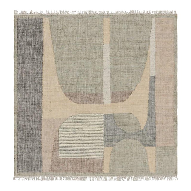 Rug & Kilim’s Flatweave Square Rug in Beige With Gray & Green Geometric Patterns For Sale