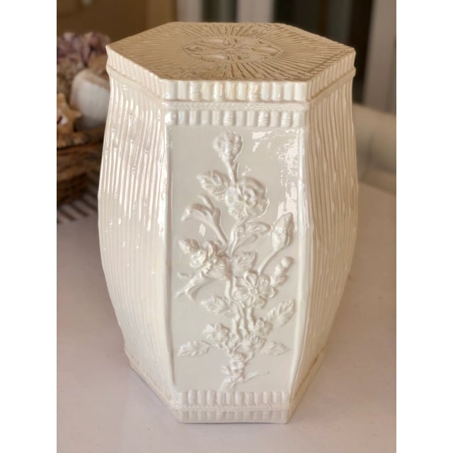 Off-white Vintage Chinoiserie Garden Stool With Faux Bamboo and Floral Motif For Sale - Image 8 of 10