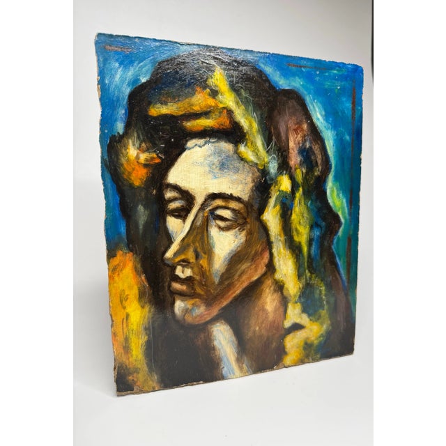 Mid 20th Century Abstract Fauvist Ancient Figurehead Original Oil Painting on Board For Sale - Image 5 of 12
