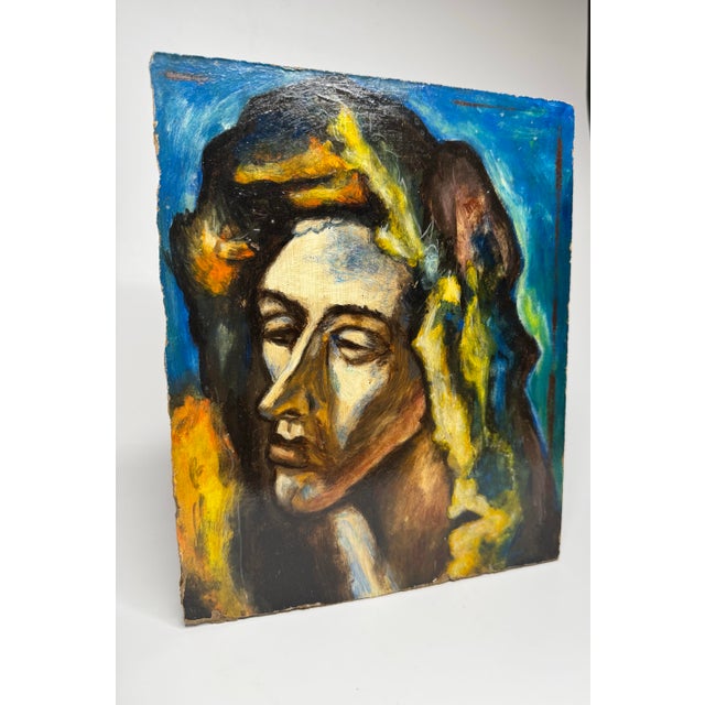 Mid 20th Century Vintage Abstract Ancient Figurehead Original Fauvist Oil Painting on Board, Teal, Yellow and Black For Sale - Image 5 of 12
