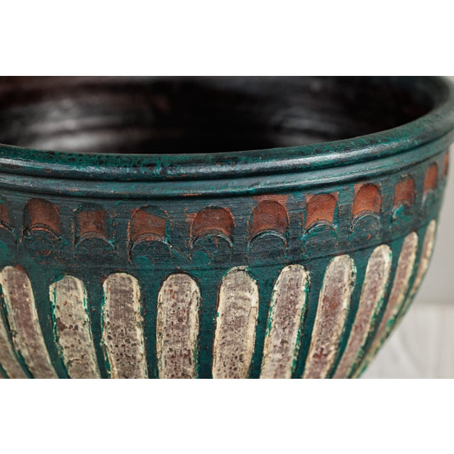 "About the Item This vintage Thai terracotta planter stands out for its strong carved relief and deep emerald-green...
