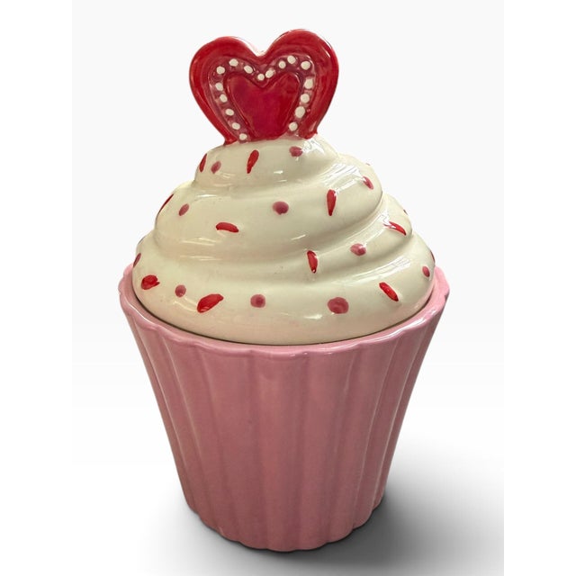 Traditional Vintage Nantucket Home Pink Cupcake Cookie Jar With Heart Lid For Sale - Image 3 of 6