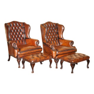 Chesterfield Wingback Chairs and Ottomans in Brown Leather, Set of 4 For Sale