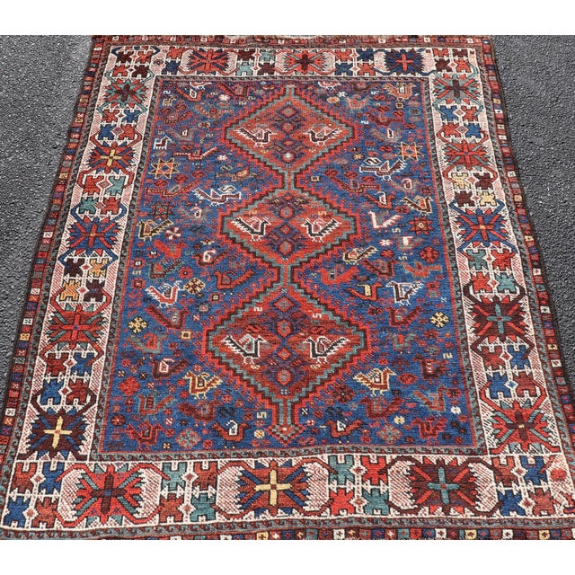 Brick Red Antique Persian Shiraz Rug With Indigo Field and Diamond Medallions For Sale - Image 8 of 12