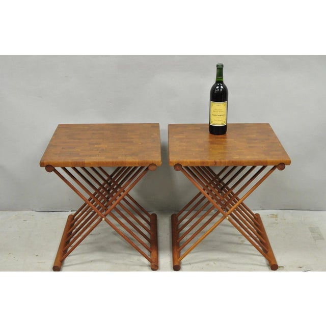 Vintage Mid Century Danish Modern Teak Folding Campaign Style Side Tables with Butcher Block Tops by Mandalay - a Pair....