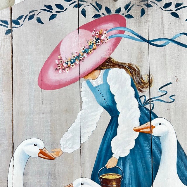 Late 20th Century Signed Joan Pinkus Folk Art Panel, Hand-Painted Geese Scene, Large Wall Piece For Sale In Portland, OR - Image 6 of 9