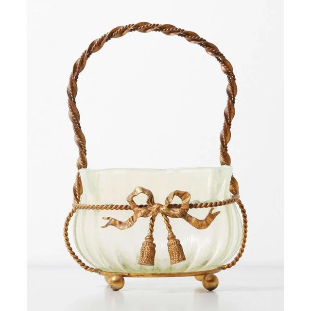 An original in style of Gallé large hand blown green glass bowl with bronze stand, circa 1900. The hand-blown chartreuse...