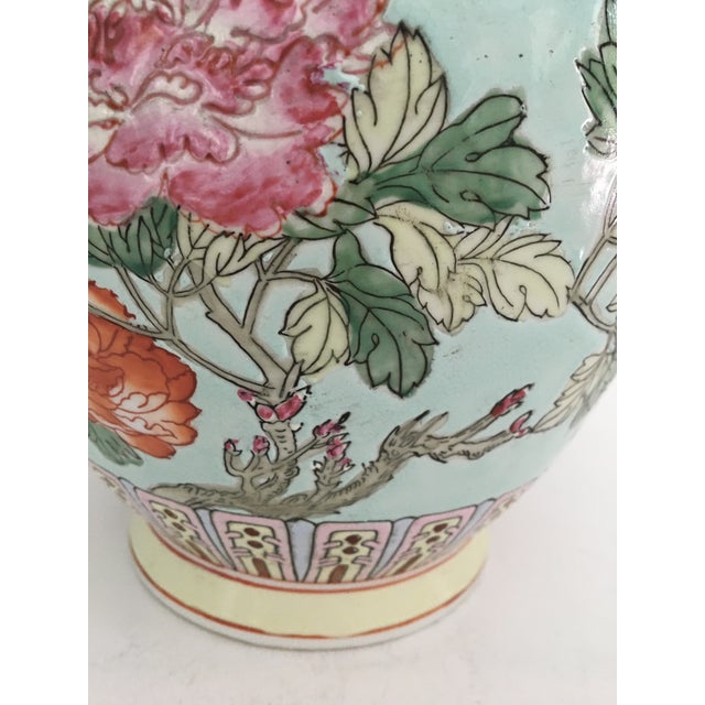 Large Vintage Chinese Floral & Butterfly Vase With Gold Accented Rim