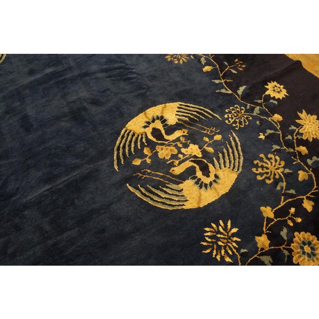 Navy Blue Refined Floral Border on Navy Background and Black Border Antique Chinese Peking Rug For Sale - Image 8 of 10
