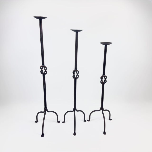 Rustic Hand Forged Iron Candelabra Set of 3 (82-102cm) Antique Copper Double Stem with Hercules Knot and Arched Base For Sale - Image 3 of 11