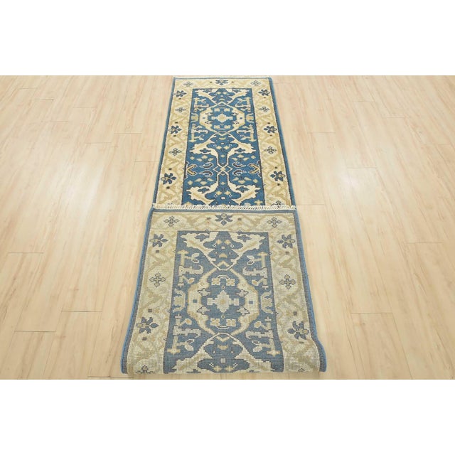 Oushak Runner 2’7” X 9’11” Blue Wool Tribal Hand-Knotted Oriental Rug For Sale - Image 12 of 13