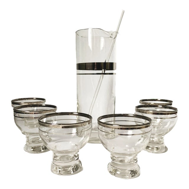 Vintage 1950's Platinum Band Atomic Cocktail Pitcher Set- 8 Pieces For Sale