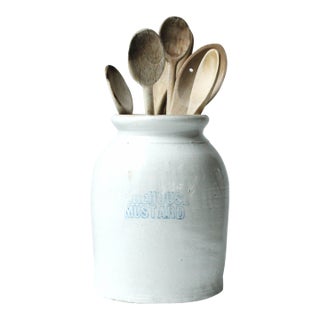 Large 9.5" Antique Farmhouse Rustic Stoneware Utensil Crock For Sale
