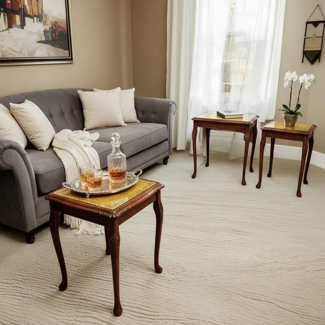Vintage Nesting Tables Set 3-Tooled Leather Top-Queen Anne Wood-Side-End-Accent For Sale - Image 4 of 11
