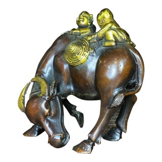 Vintage Gilt Bronze Buffalo With Boys Figure - Two Herders on Ox Sculpture For Sale