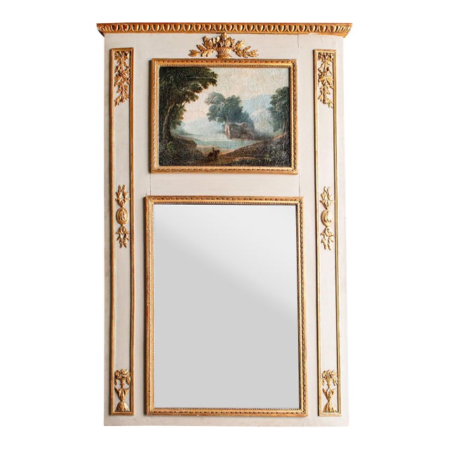 18th Century French Louis XVI Giltwood Painted Trumeau Mirror For Sale