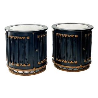 Pair of Oversized Round Bamboo and Rattan Nightstands or Accent Tables For Sale