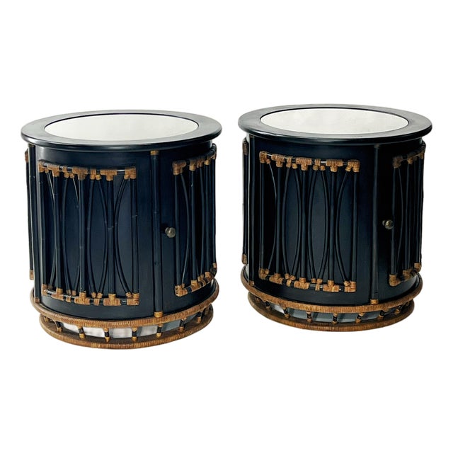 Pair of Oversized Round Bamboo and Rattan Nightstands or Accent Tables For Sale