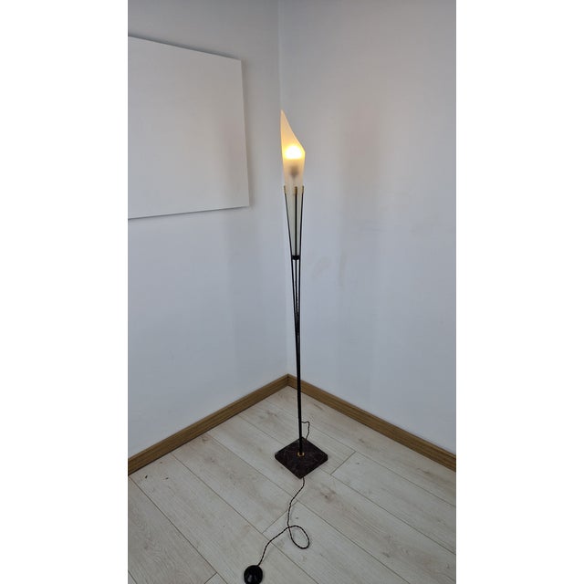 Brass and Iron Floor Lamp with Sandblasted Glass Lampshade and Marble Base, 1950s For Sale - Image 13 of 14