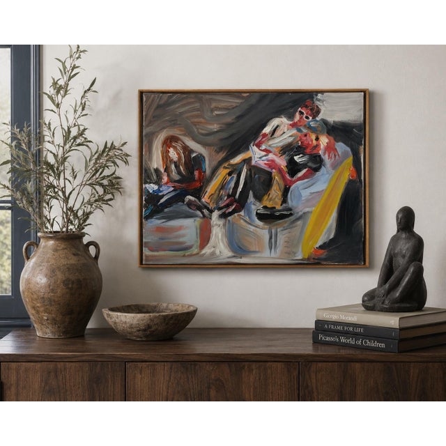 Original unsigned hand-painted work on canvas featuring loosely rendered figures in an expressive, layered composition. A...