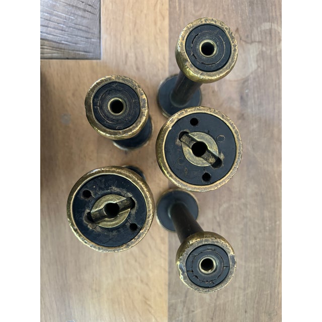 Rustic Set of Five Vintage, Brass Bound and Black Wood Bobbins For Sale - Image 3 of 11