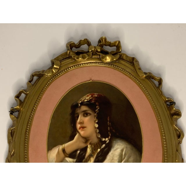 Ceramic 19th Century KPM Quality Portrait Painting on Porcelain of Gypsy Woman in Gilt Metal Frame For Sale - Image 7 of 10