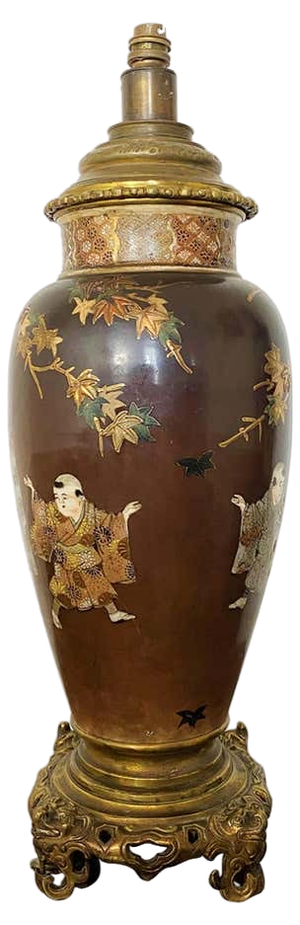 Japanese Satsuma Porcelain & Bronze Vase Lamp, 1900s