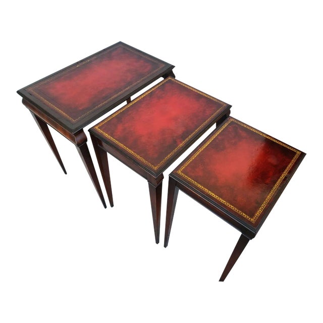 Mid Century Tooled Red Leather Mahogany Nesting Tables Chairish