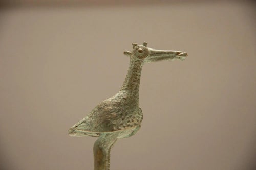 Vintage AfricanOxidized Bronze Crowned Stork With Fish Sculpture