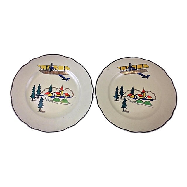 Pair of Antique Hand-Painted Longwy Plates - "Vacance" Design, France For Sale