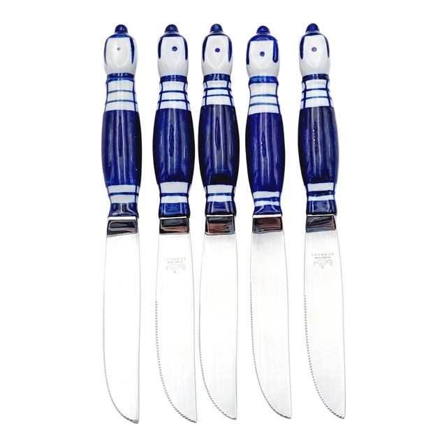 Vintage Bjørn Wiinblad for Rosenthal "Siena Blue" / "Fantasia" Porcelain Knives - Set of 6 For Sale