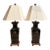 Vintage Asian Chinoiserie Black Glazed Ceramic Foo Dog Table Lamps Large Matching Pair For Sale