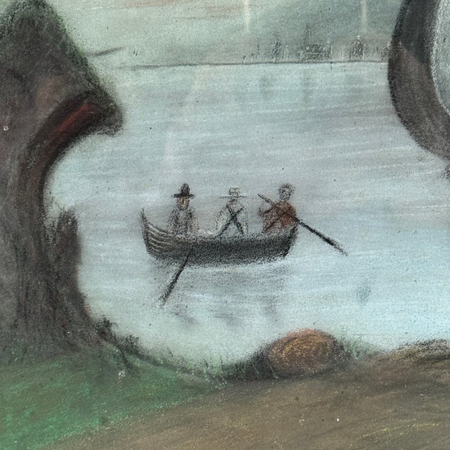 Mid 19th Century Rare to Market 19th C. Primitive Folk Art Colored Sandpaper Painting of River Scene & Boaters For Sale - Image 5 of 13