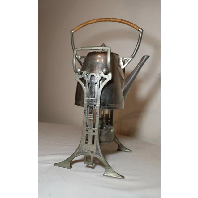 Antique Art Deco Wicker Wrapped Nickel Plate Tea Set Kettle Dispenser Stand Set For Sale In New York - Image 6 of 11