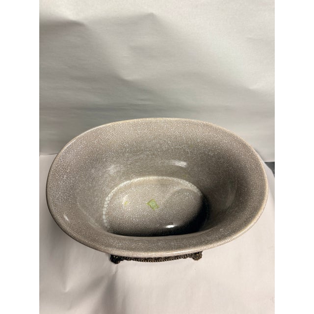 Vintage Hollywood Regency Crackle Cachepot With Pomegranate Handles For Sale - Image 4 of 12