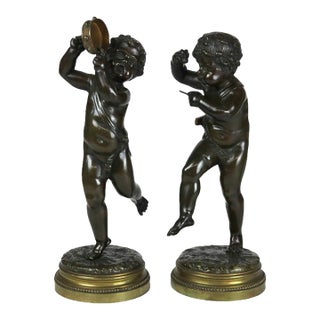 Pair of Antique Clodion Bronze Cherub Musician Sculptures Signed C1880 For Sale