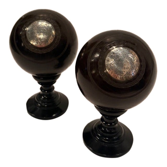Victorian Carpet Balls on Stands With Sterling Silver Plaques -a Pair For Sale