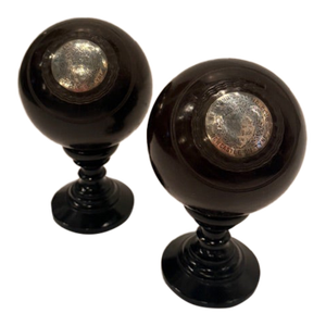 Victorian Carpet Balls on Stands With Sterling Silver Plaques -a Pair