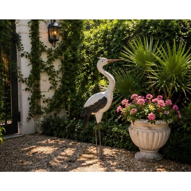 Vintage Hand-Painted Sheet Metal Crane Garden Sculpture For Sale - Image 9 of 12
