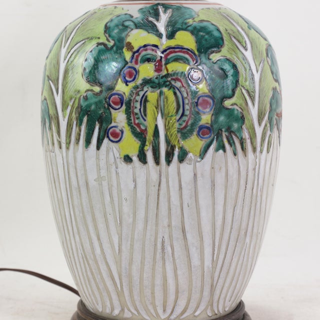 Wood Antique Chinese Famille Rose Bok Choy Porcelain Table Lamp With Cabbage Leaf and Butterfly Motif For Sale - Image 7 of 16