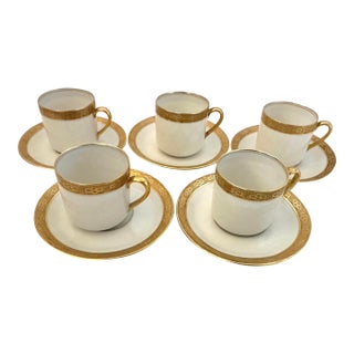 Vintage C.Ahrenfeldt Limoges 24kt Gold Rim Set of 5 Demitasse Cup/Saucer Set - 10 pcs For Sale