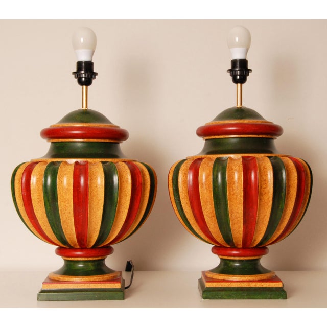 Vintage Italian Table Lamps Tall Carved Wood Vase Lamps 1980s a Pair For Sale - Image 6 of 9