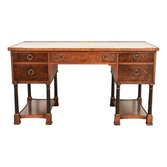 Hekman Furniture French Empire Burled Walnut Leather Top Desk, Circa 1960s For Sale
