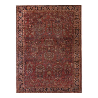 1920s Red Rust Field Shah Abbas Floral Antique Sarouk Knotted Wool Carpet Rug For Sale